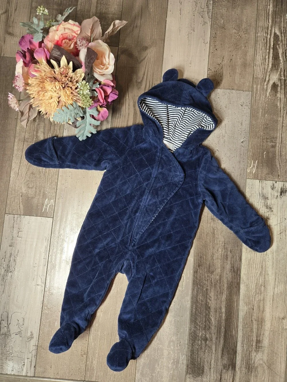 Quiltex Navy Blue Quilted Hooded Baby One‑Piece with Ears – Size 6/9 Months